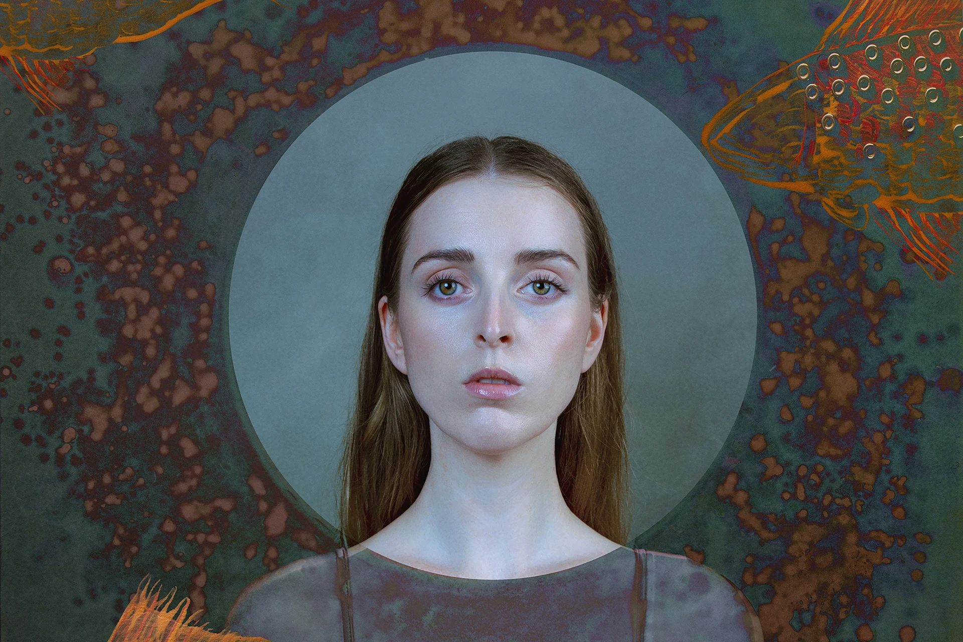 Surreal portrait of a woman surrounded by translucent golden fish, exploring hidden consciousness and inner transformation.