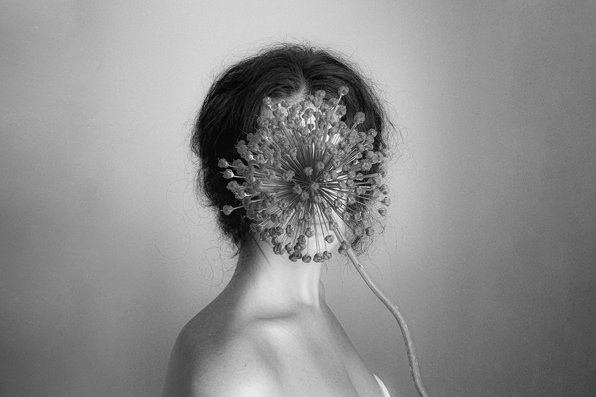 Black-and-white side profile of a woman with a large allium seed head covering her face.
